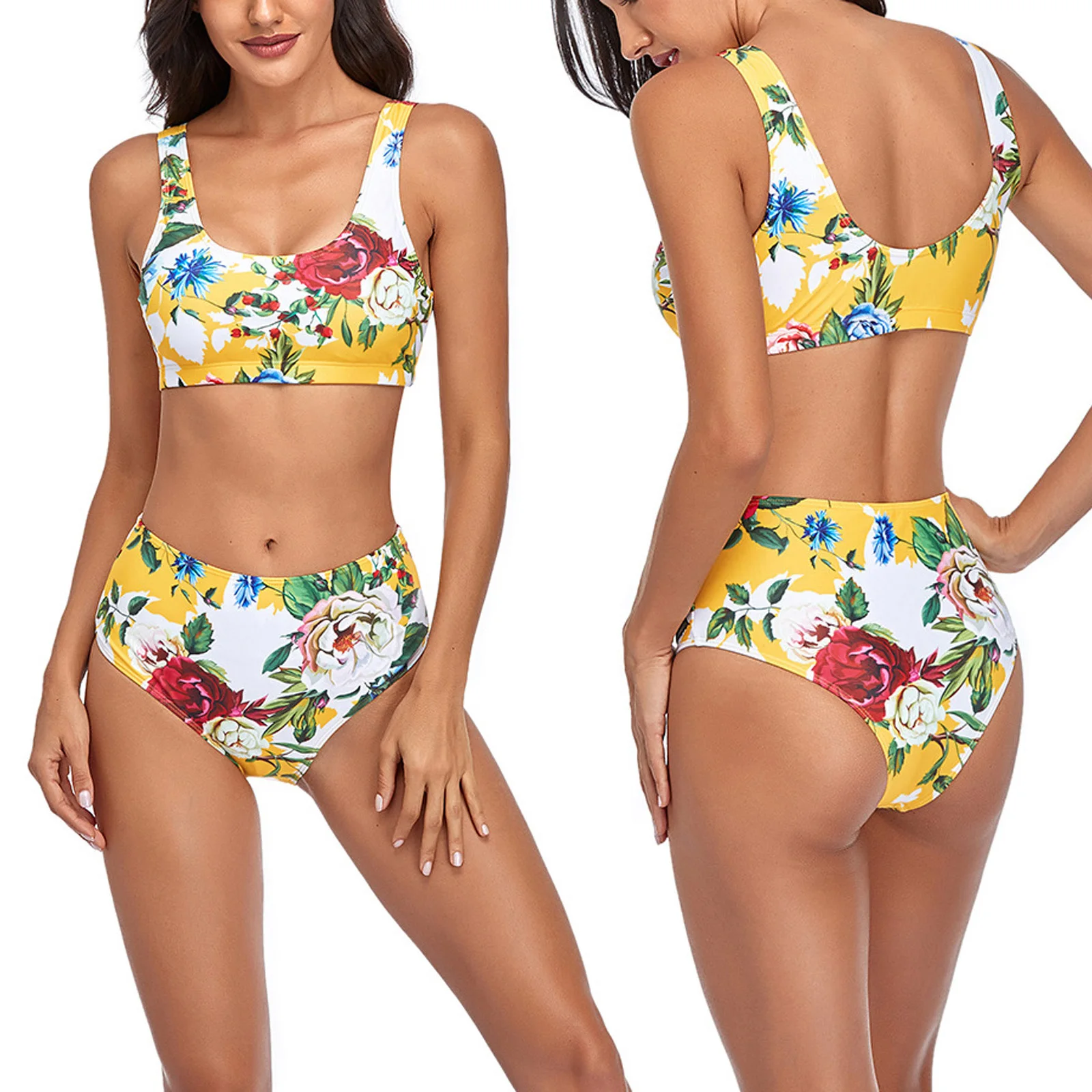 

Sexy High Waist Swimsuit Women Flower Printing Bikini Sets Push Up Padded Bra Swimwear Female Summer Beachwear Biquini