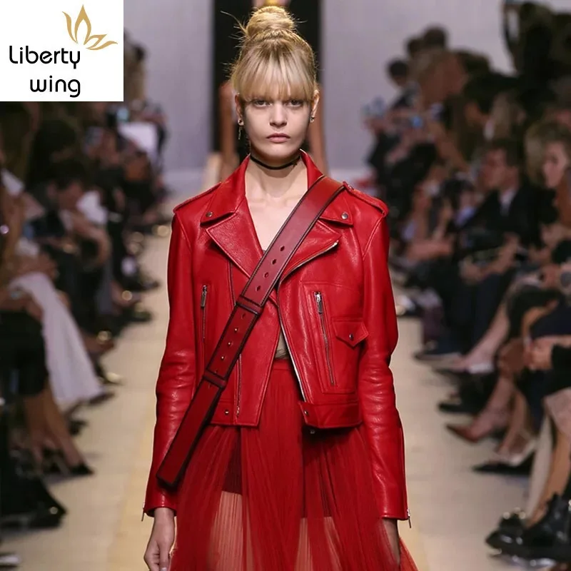 Женское байкерское пальто на молнии красная короткая ветровка из натуральной