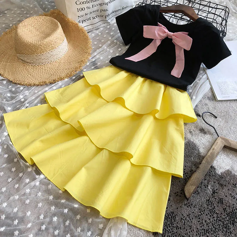 

Children Clothing Sets New Summer Girls Party Clothes Bow-knot Pullover and Layered Girl Outfits Kids Cotton Suits