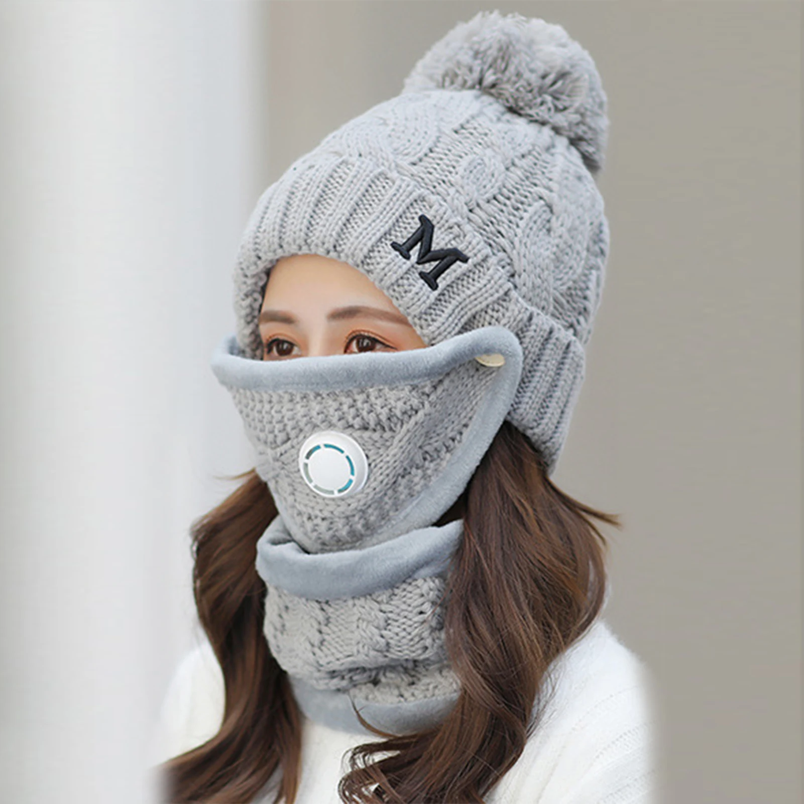 

4Pcs/Set Women Winter Knitted Beanies Cap Face Cover Neck Scarf Gloves Set M Embroidered Warm Plush Women Hat with Scarf Gloves