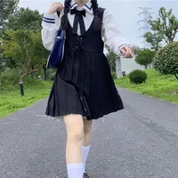 japanese fashion jk uniform college style bandage high waist slim short pleated sleeveless strap dress school uniform