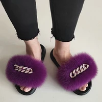 hot summer sexy real fox fur slippers with diamond chain furry fluffy slides indoor home flat shoes women casual free shipping