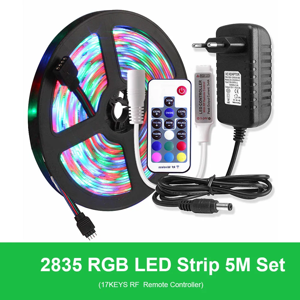 2835 Светодиодная лента Водонепроницаемая 5 м лента RGB Гибкая неоновая Диодная Tira светодиодный светильник полоса 220 В до 12 В адаптер Bluetooth/17 ключ дистанционного управления
