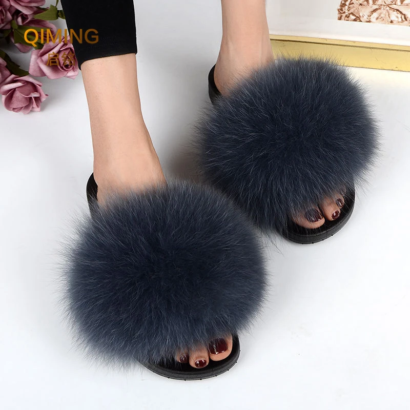 Women Summer Fluffy Fox Fur Slippers Flat Non-Slip Solid Real Furry Fur Slides Platform Shoes Fur Sandals Plush Flip Flops Women images - 6