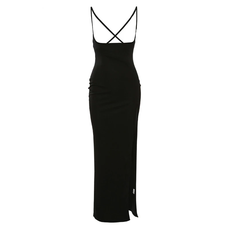 

Woman Black High Elastic Sleeveless Sling Slim Fit Backless Dress 2020 Casual Sexy High Split Bodycon Dresses
