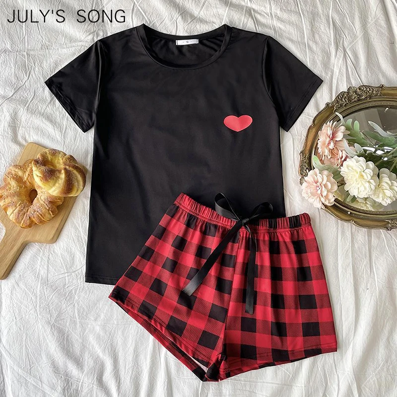 

JULY'S SONG Heart Plaid Women Sleepwear 2 Pieces Short Sleeve Shorts Pajamas Set Spring Summer Loungewear Casual Female Pyjamas