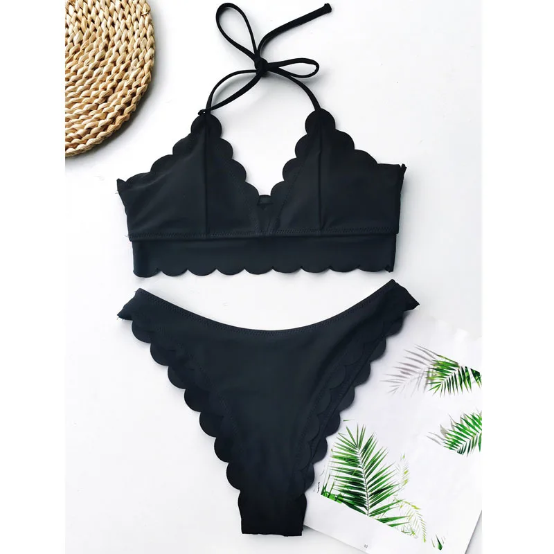 

Sexy Scalloped Cut Bikini Lace Swimsuit Bikini Sets Swimwear Women Swimsuits Bathing Suit 2020 Solid Color Bikinis Beachwear