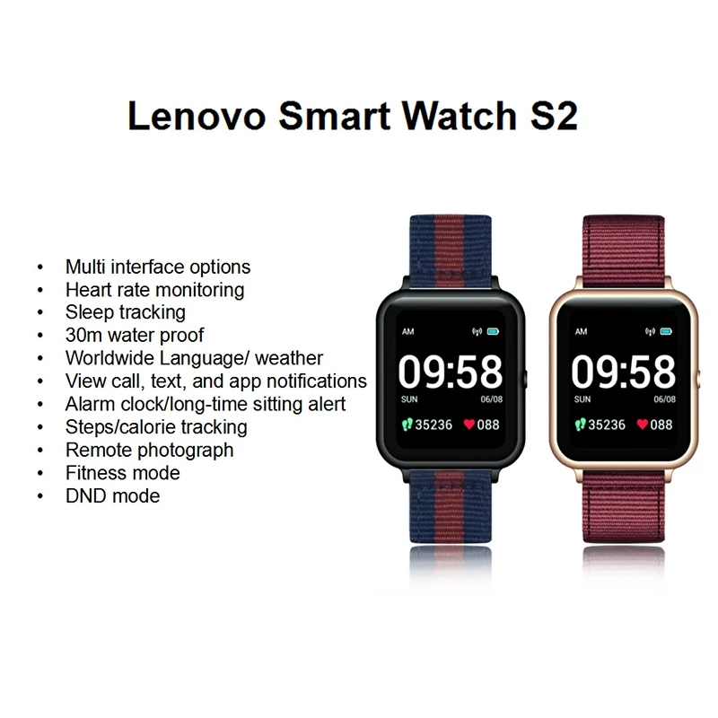 

Lenovo S2 1.4Inch Smart Watch Fitness Tracker Heart Rate Sleep Monitor Waterproof Bluetooth Call Tips SmartWatch