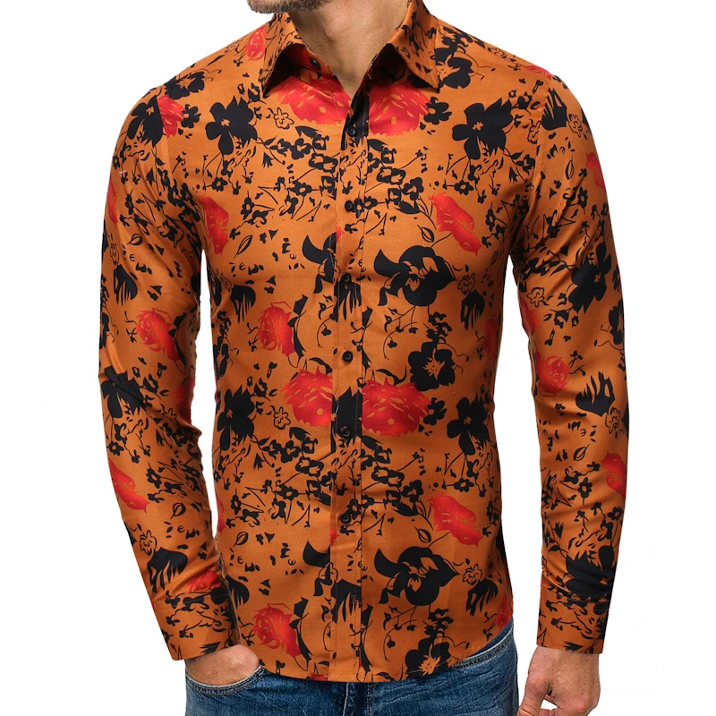 

wholesale 2020 spring Autumn business flower Printed retro new men's casual trend printing long-sleeved shirt flower dress shirt