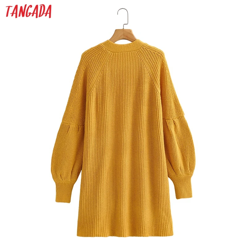 

Tangada 2021 Autumn Winter Women Solid Yellow Long Knitted Cardigan Sweater Jumper Puff Long Sleeve Loose Female Outerwear 1F357