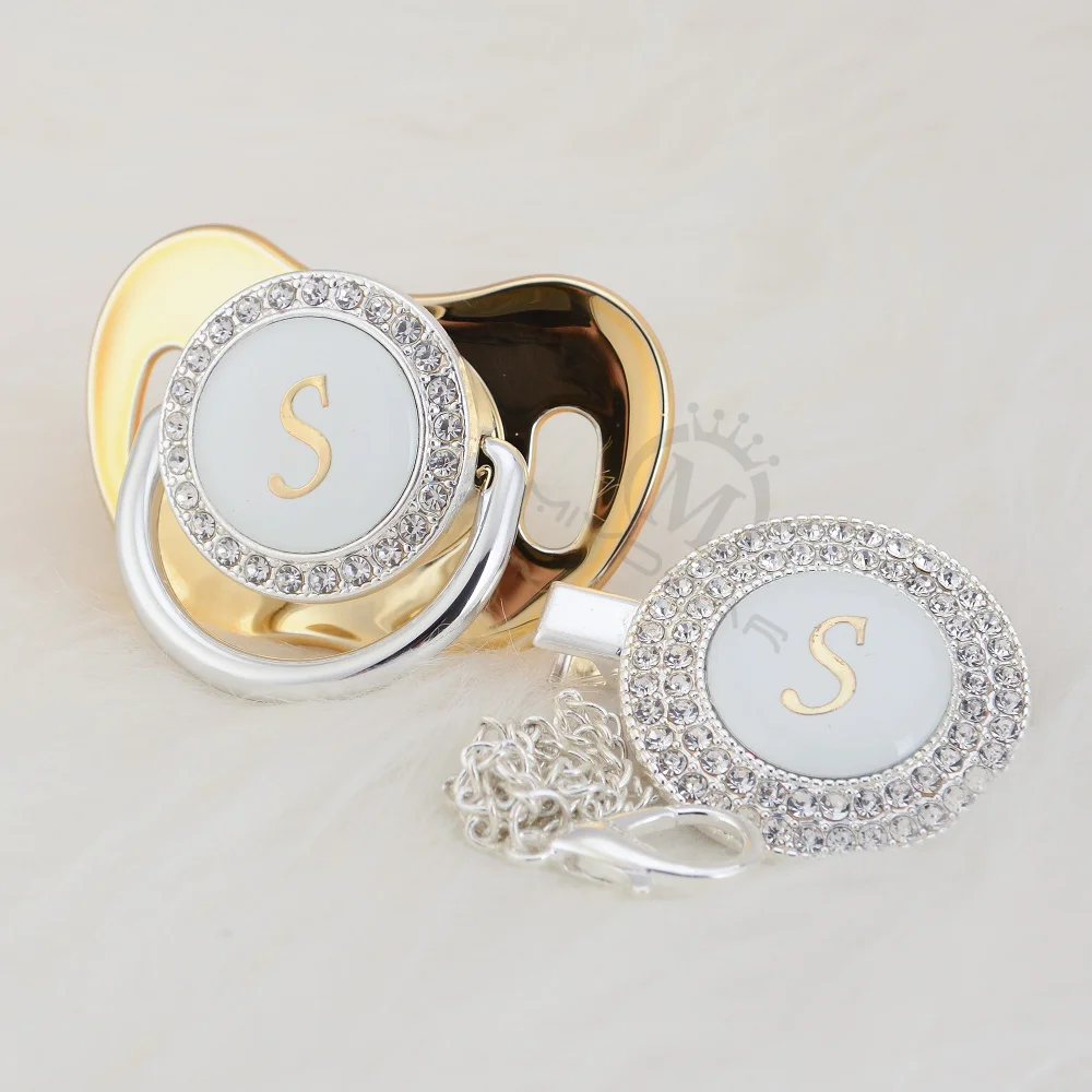 

MIYOCAR name Initial letter S elegant silver collection bling pacifier and pacifier clip BPA free dummy bling SGS pass LS-1