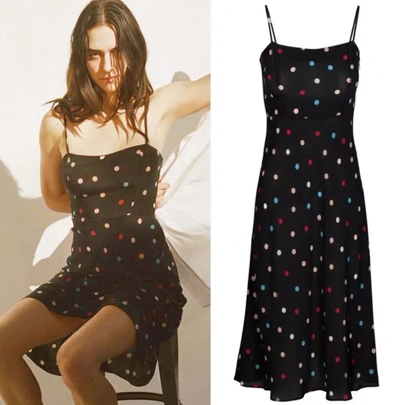 Платье женское атласное пляжное в горошек пикантное Клубное на бретелях разные