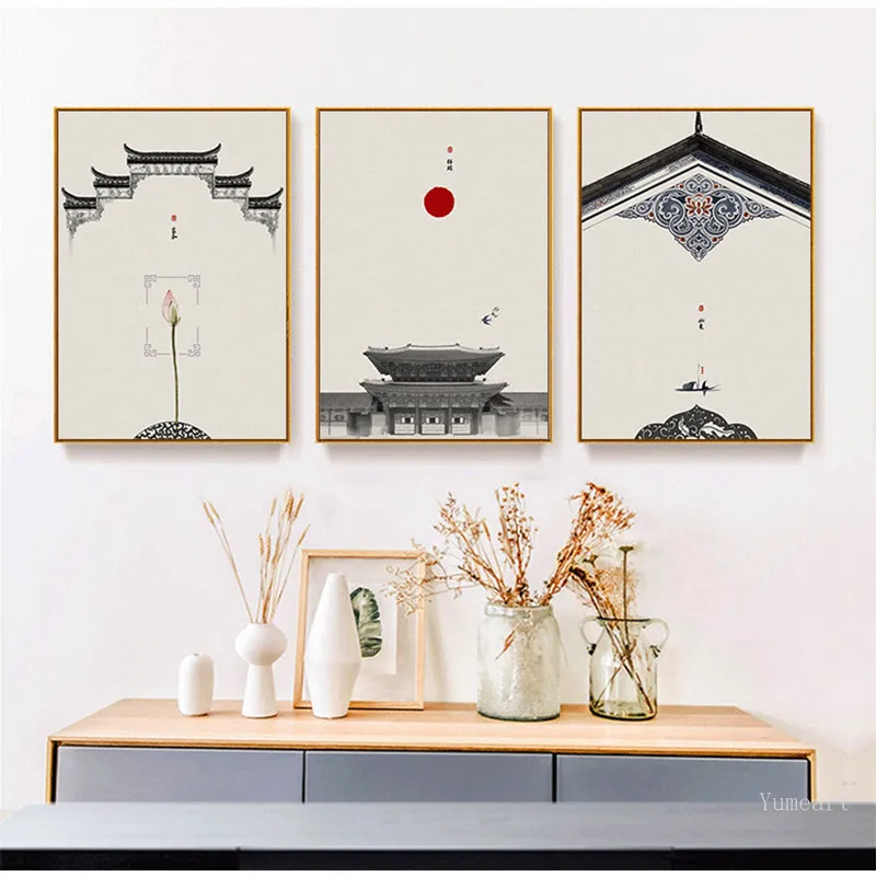 Yuemart китайская архитектура пейзаж черно белая Картина на холсте искусство стене