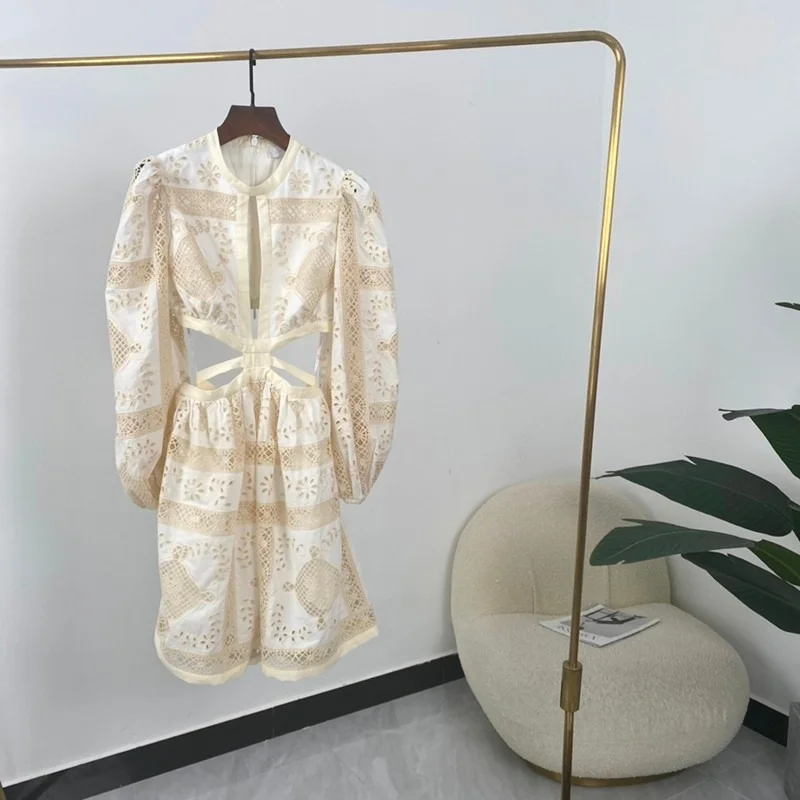 

Женское платье с длинным рукавом, бежевое ажурное платье на молнии с цветочной вышивкой и вырезом на поясе