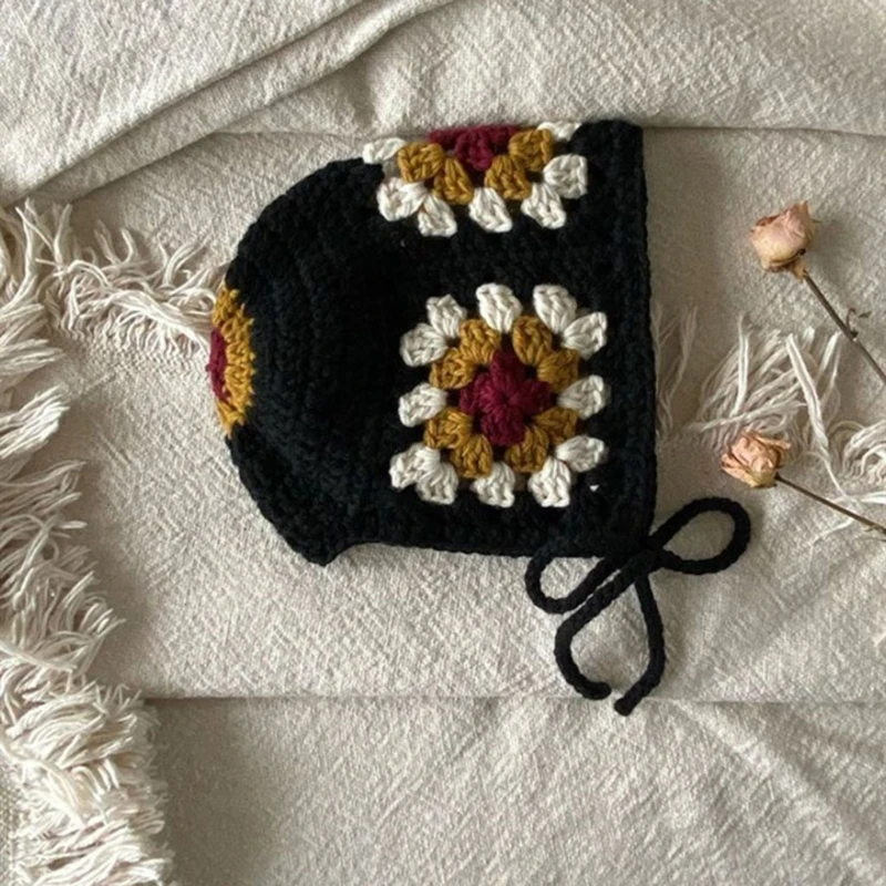 

Baby Soft Knitted Hat Newborn Embroidered Cap Infant Boy Girl Autumn Winter Crochet Sun Flower Beanie Photo Props DXAD