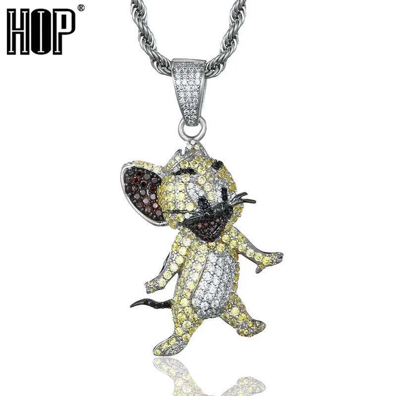 

Classic Cartoon Charater Mouse Jerry Pendant Iced Out Bling CZ Cubic Zirconia Gold Sliver Color Copper Necklaces Hip Hop Jewelry