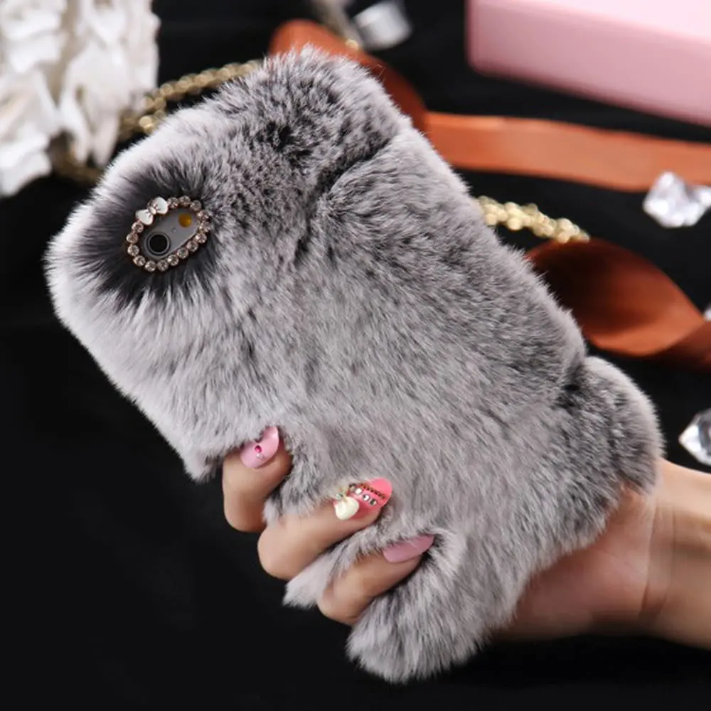 Grey L-FADNUT милый меховой пушистый чехол для телефона для iPhone X, Xr, Xs, 11 Pro, Max, 5, 5S, SE, роскошная Алмазная задняя крышка для 6 S, 6, 7, 8 Plus, чехол для девочки - Цвет: Grey
