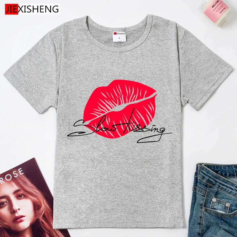 Сексуальная Женская футболка с принтом губ летняя повседневная короткими