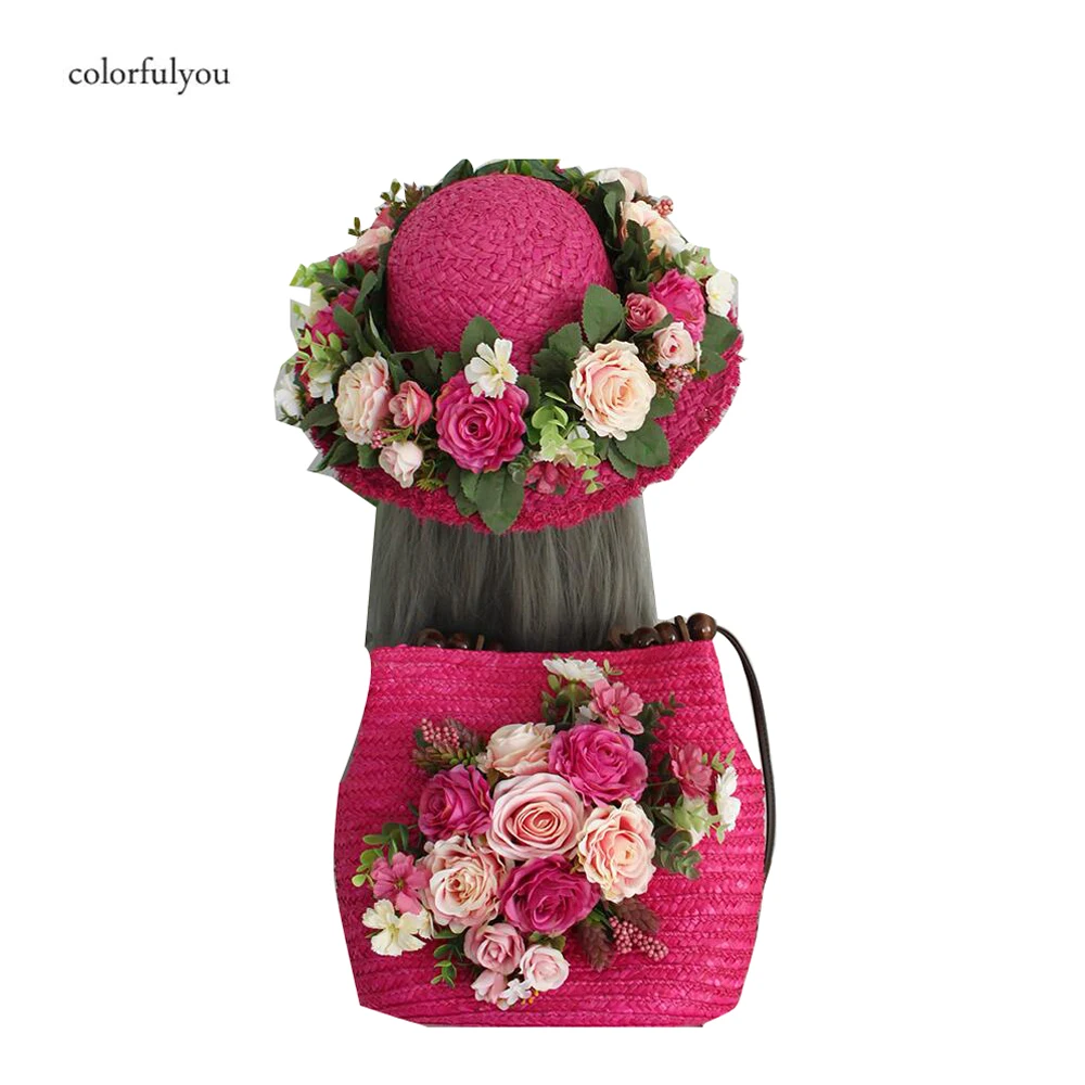 

Соломенные сумки с розами и шляпой, летняя Цветочная богемная модная женская сумка, пляжная сумка для отдыха и отдыха для женщин, сумка через плечо