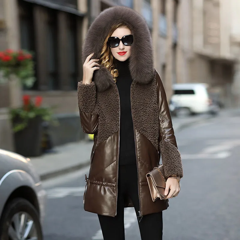 Женский пуховик из натуральной кожи зимняя кашемировая кожаная куртка овечьей с