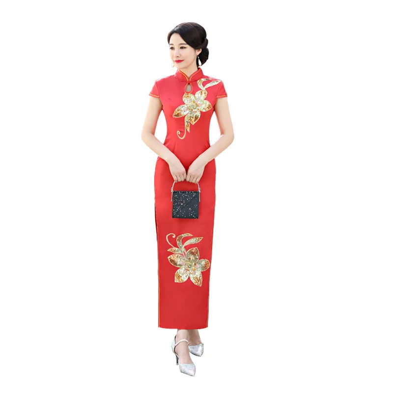 

Black Exquisite Flower Appliques Sequins Trim Qipao Women Sexy Slim Long Chinese Dress Elegant Short Sleeve Novelty Cheongsam