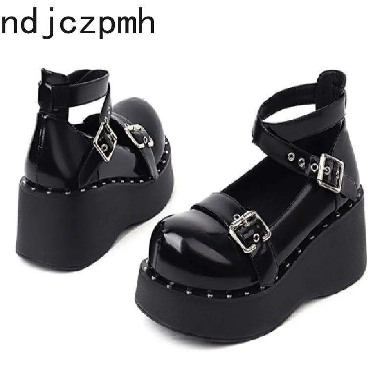 

Туфли-лодочки женские на танкетке, высокий каблук, туфли-лодочки, готическая обувь, перекрестная шнуровка, большой размер 34-43, черные