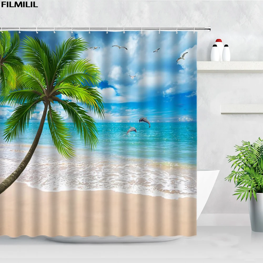

Beach Palm Trees Dolphin Natural Scenery Shower Curtains Tropical Landscape Home Polyester Fabric Bathtub Bathroom Curtain Decor