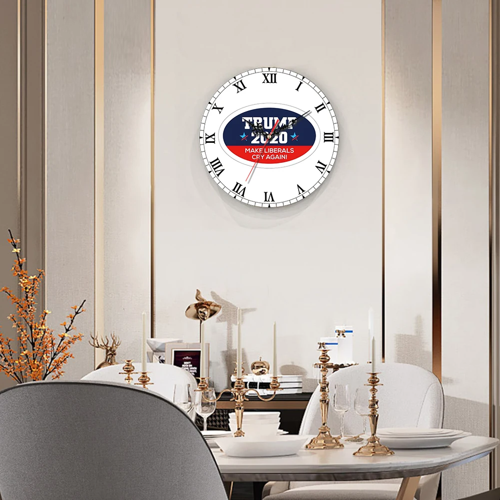 

TRUMP 2020 Four Logos Round Wooden Wall-Mounted Clock Classic Roman Numeral Dial Mute Comfort Individual Gifts For Men Women