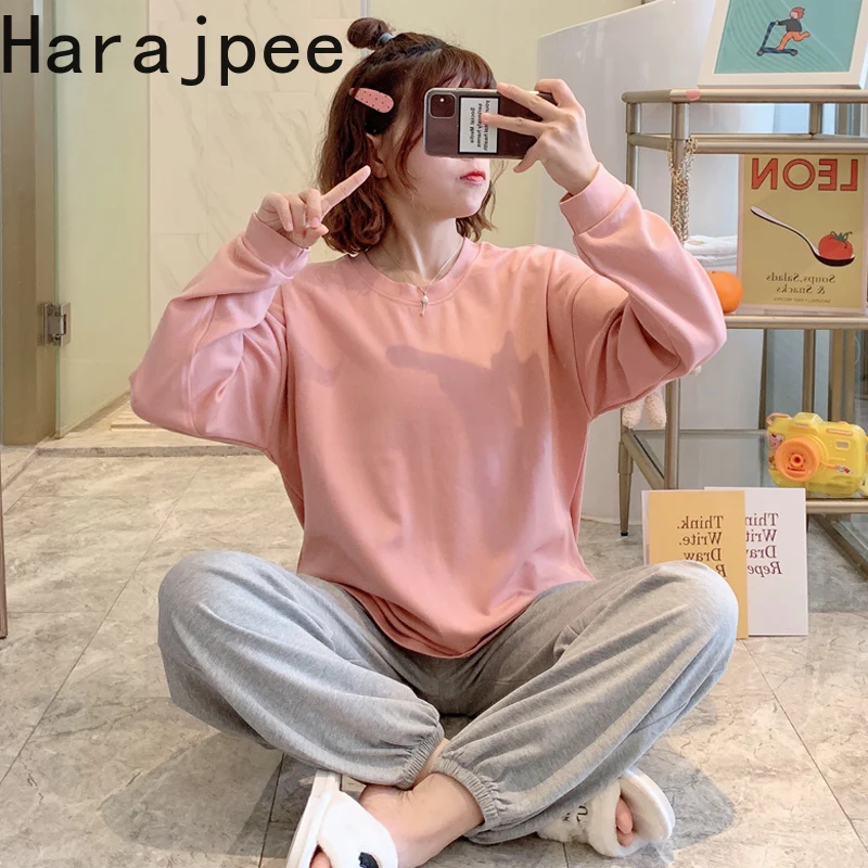 

Harajpee Korean Cotton Pajamas Long Sleeves Spring Autumn Japanese Solid Simple Style Can Be Worn Two-piece Suit for Students