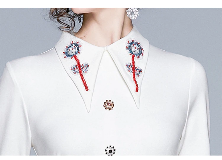 Осеннее винтажное платье до колен с вышивкой бисером воротником пуговицами и