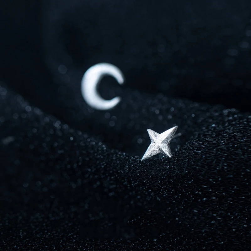 

PONYKISS Office 925 Sterling Silver star and moon Asymmetry Matte Stud Earrings for Women Party Fine Jewelry Minimlist Accessory