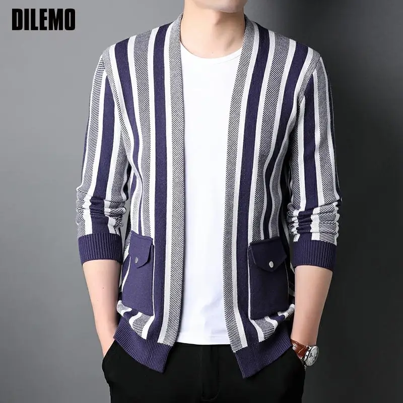 

New Top Grade Autum Brand Fashion Striped Knitwear Japanese Street Mens Cardigan Sweater Casual Coats Winter Jacket Men Clothing