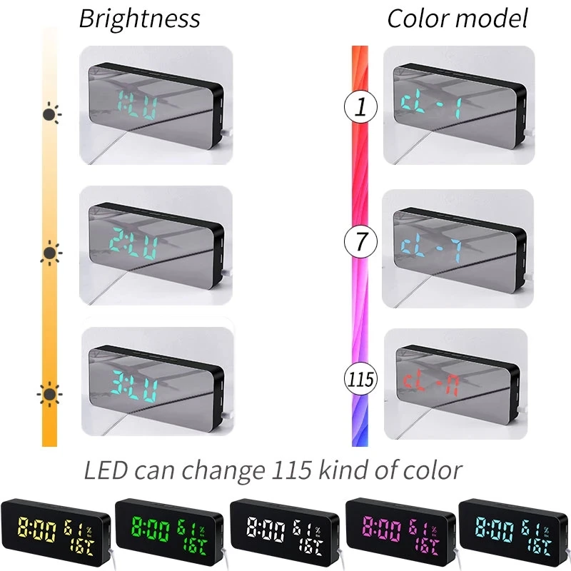 

Multifunction LED Mirror Alarm Clock Digital Color Switch Snooze Sound Control Humidity Display Time Light Desktop Wall Clock