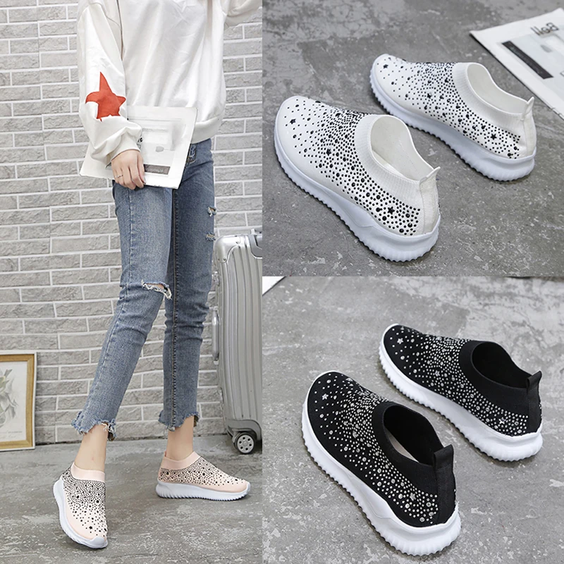 

Women's Ladies Ankle Shoes Flat Loafers Crystal Fashion Bling Sneakers Casual Ladies Slip On Breathable Casual Shoes
