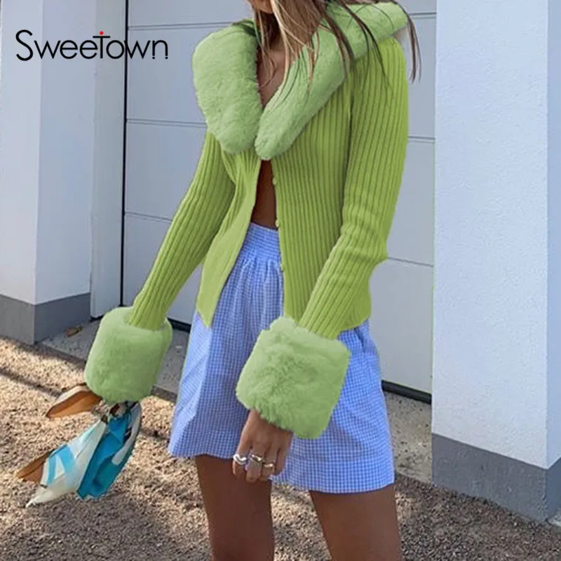 Y2K Sweetown Ribbed Knit Ladies Cardigans Sweaters with Fur Trim Collar – Long Sleeve, Slim Fit, Ideal for Autumn and Winter – Women's Knitwear image 2