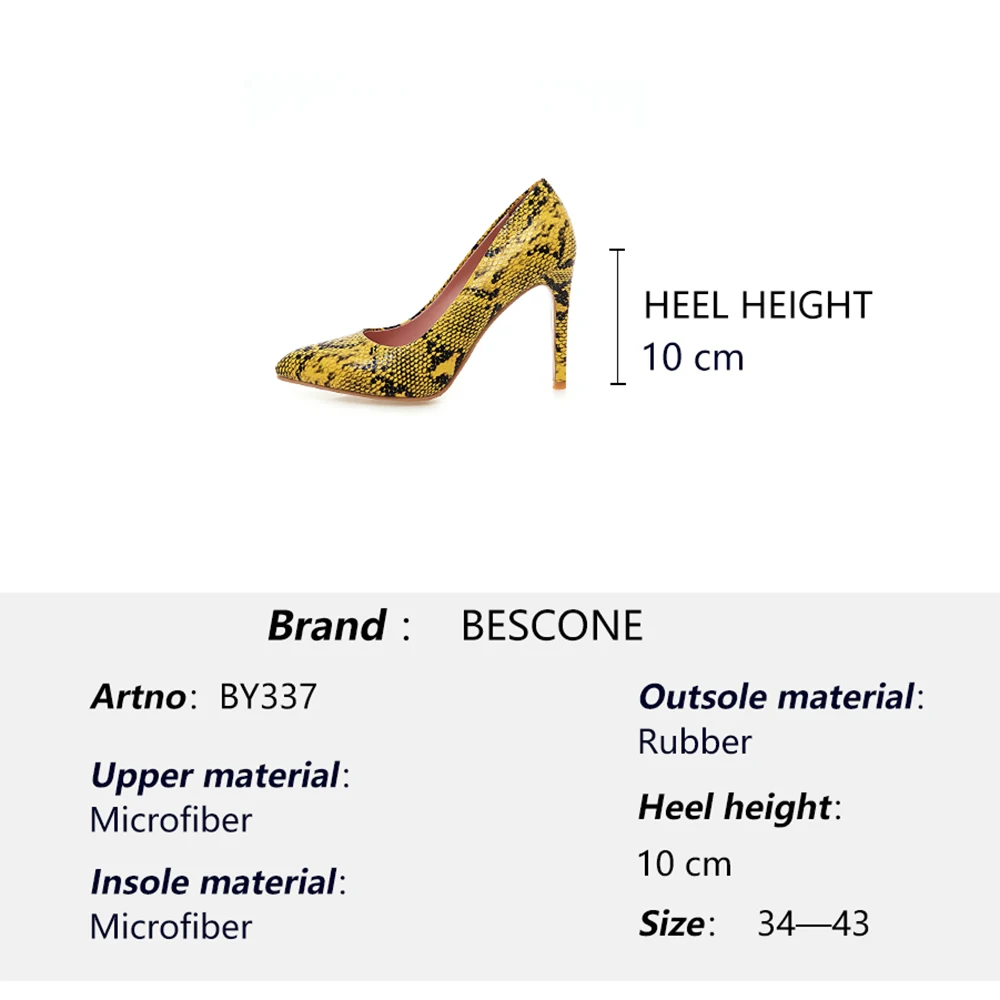 

BESCONE Fashion Pumps Women Snake Pattern Shallow Dress Thin Heel Pumps Sexy Pointed Toe Handmade Microfiber Ladies Shoes BM337