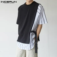 incerun men irregular t shirt striped patchwork streetwear lace up short sleeve tee tops 2021 korean casual men clothing s 5xl