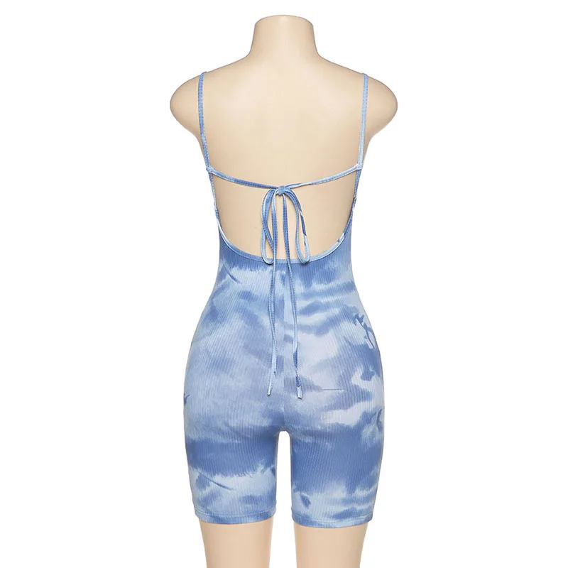 

LAISIYI 2020 Streetwear Blue Sleeveless Tie Dye Print Sexy Playsuit Summer Women Fashion Bodycon Romper Sports Body Mujer New
