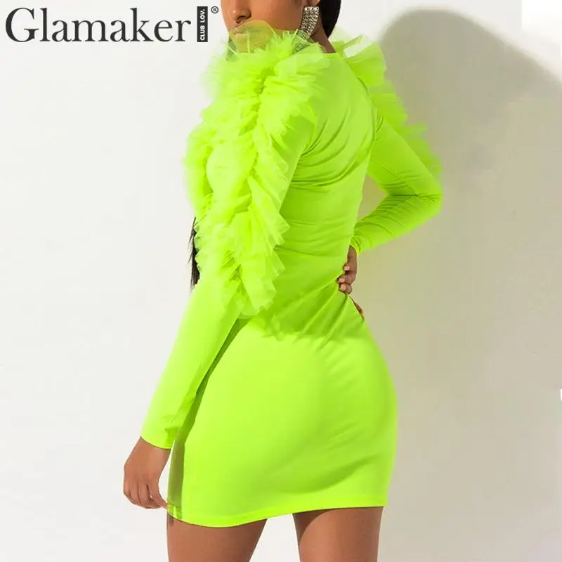 Glamaker неоновая зеленая, сетчатая зимняя одежда с оборками, женское элегантное платье с v-образным вырезом, большие размеры, вечерние Клубные платья с длинным рукавом, женское облегающее платье