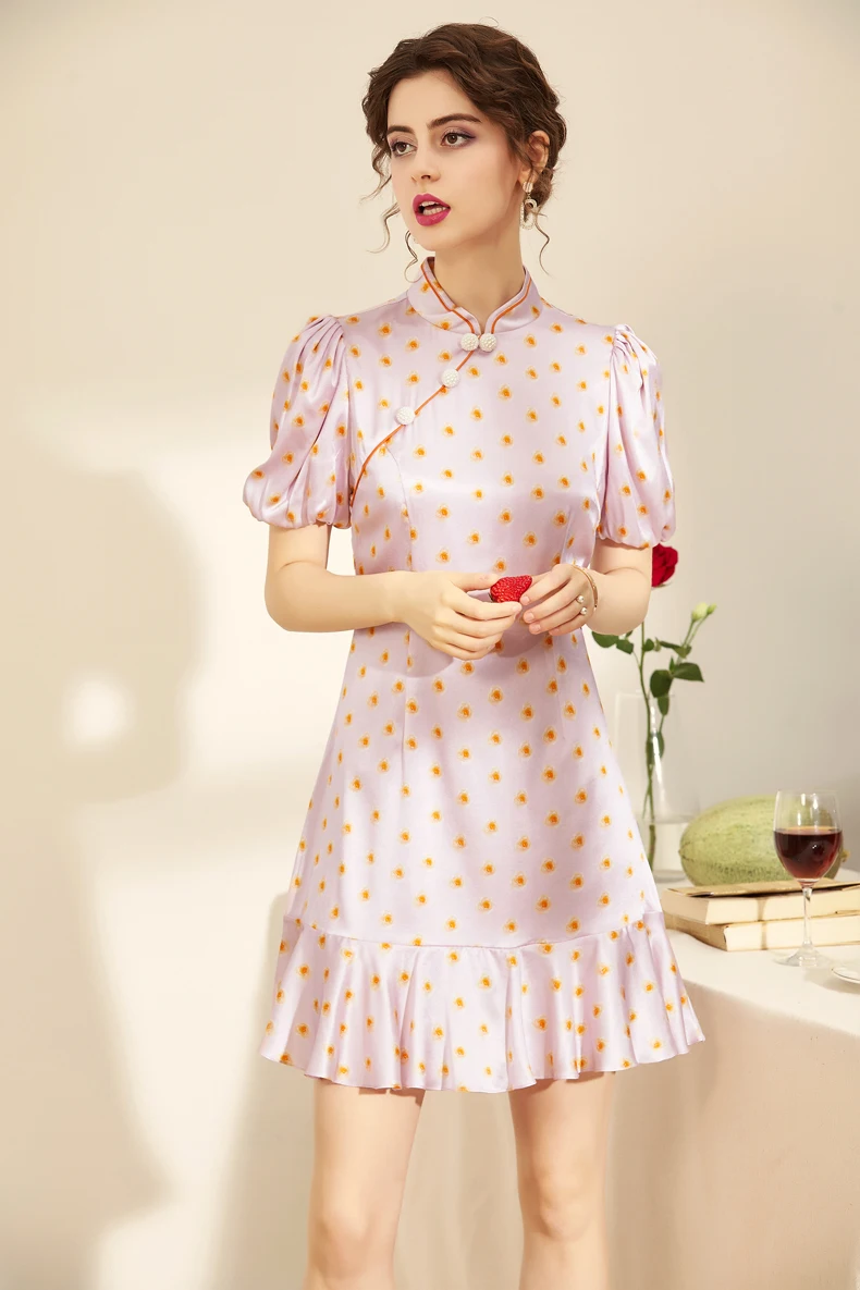 

100% Silk Women's Dress Stand Collar Short Sleeves Dots Printed Ruffles Vintage Chinese Style Summer Dresses
