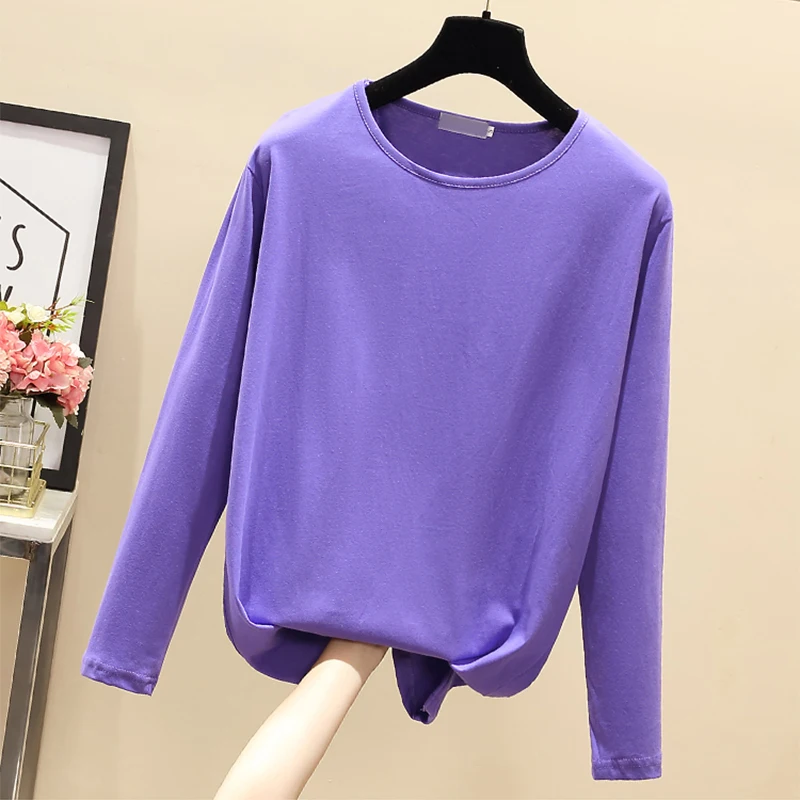 Spring New Fashion Korean Womens T Shirt Solid Basic Cotton Slit Casual Tops Female O Neck Loose Long Sleeve Tee T-Shirt Femme