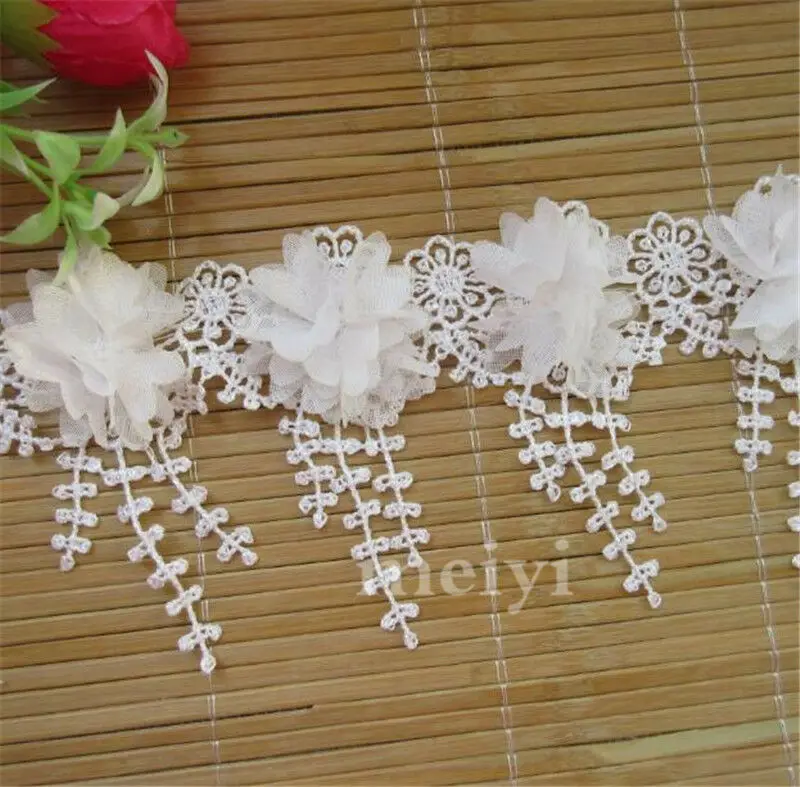 1 ярд белых шифоновых цветочных кисточек с бахромой вышитая кружевная отделка