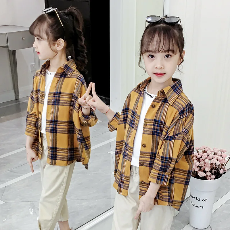 Детские рубашки в клетку желтого и фиолетового цвета Топы для маленьких девочек