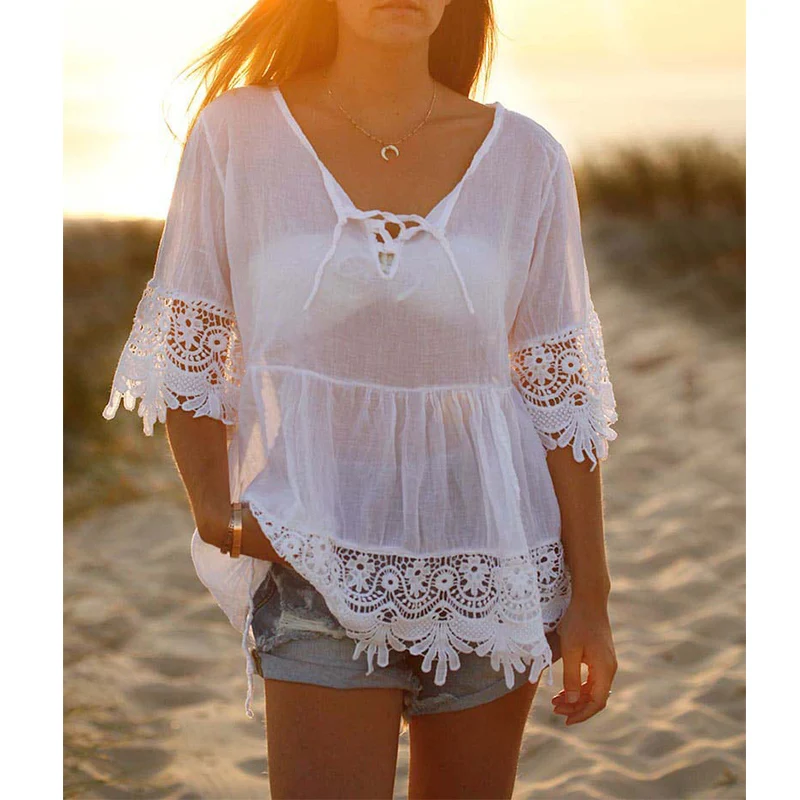 Женские топы и блузки летняя Корейская одежда белая кружевная шифоновая блузка