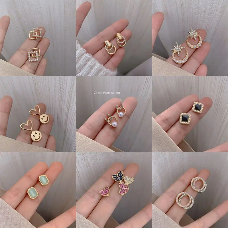 

2021 Hot Trend Vintage Fashion Earrings Geometric Crystal Heart Star Stud Earrings for Women Korean Jewelry Gift
