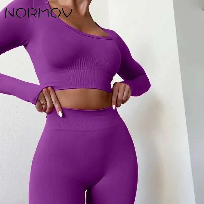 

NORMOV Newest Seamless Yoga Set Solid Sports Sets Fitness Long Shirts High Waist Leggings Booty 2 PCS Workout Suits