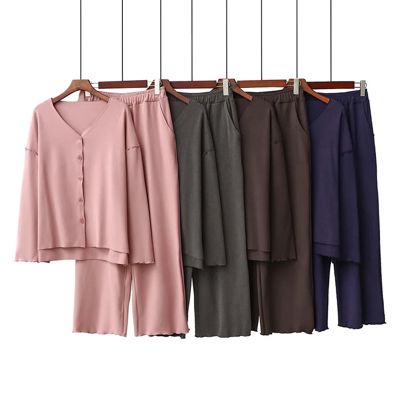 

Homewear Women's Autumn Winter New Pajamas Set Large Size Simple Solid Color Warm Loose Female Nightgown European American Style