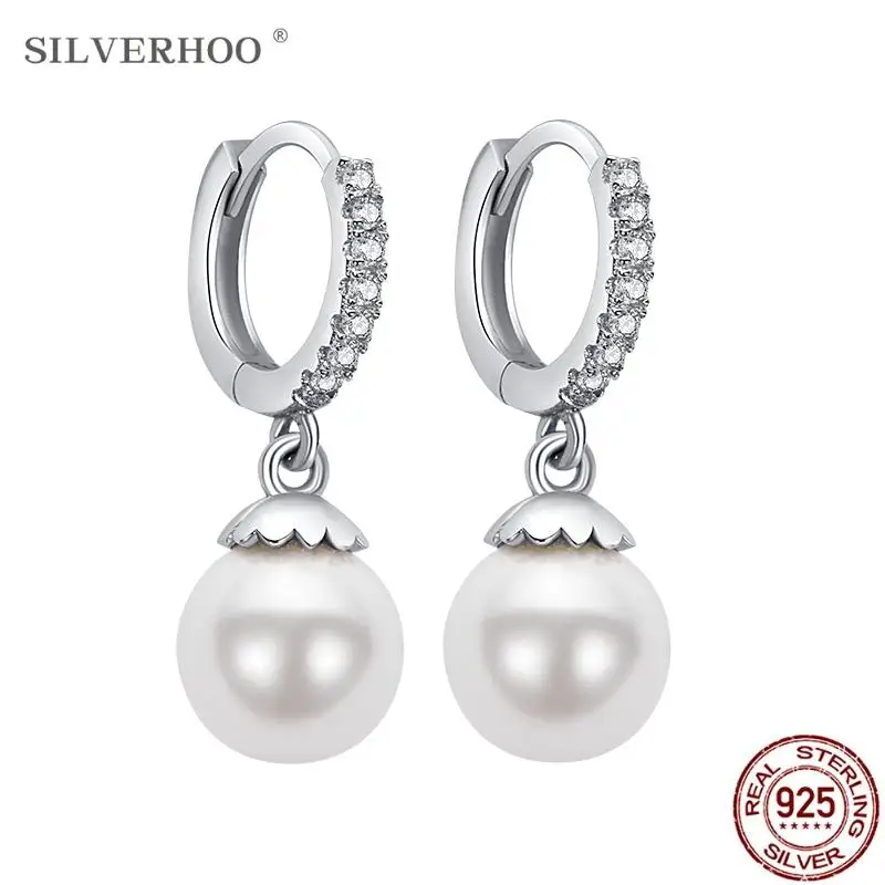 

SILVERHOO Sterling Silver 925 Earring For Women Prefect Imitation Pearl Round Shining CZ Stud Earring Elegant Wedding Jewelry