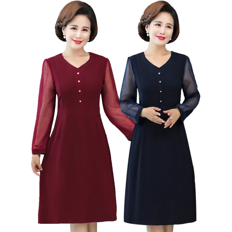 

Women elegant middle-aged Spring and Autumn dress casual mother New Full Sleeve Ladies Casual V-neck Dress