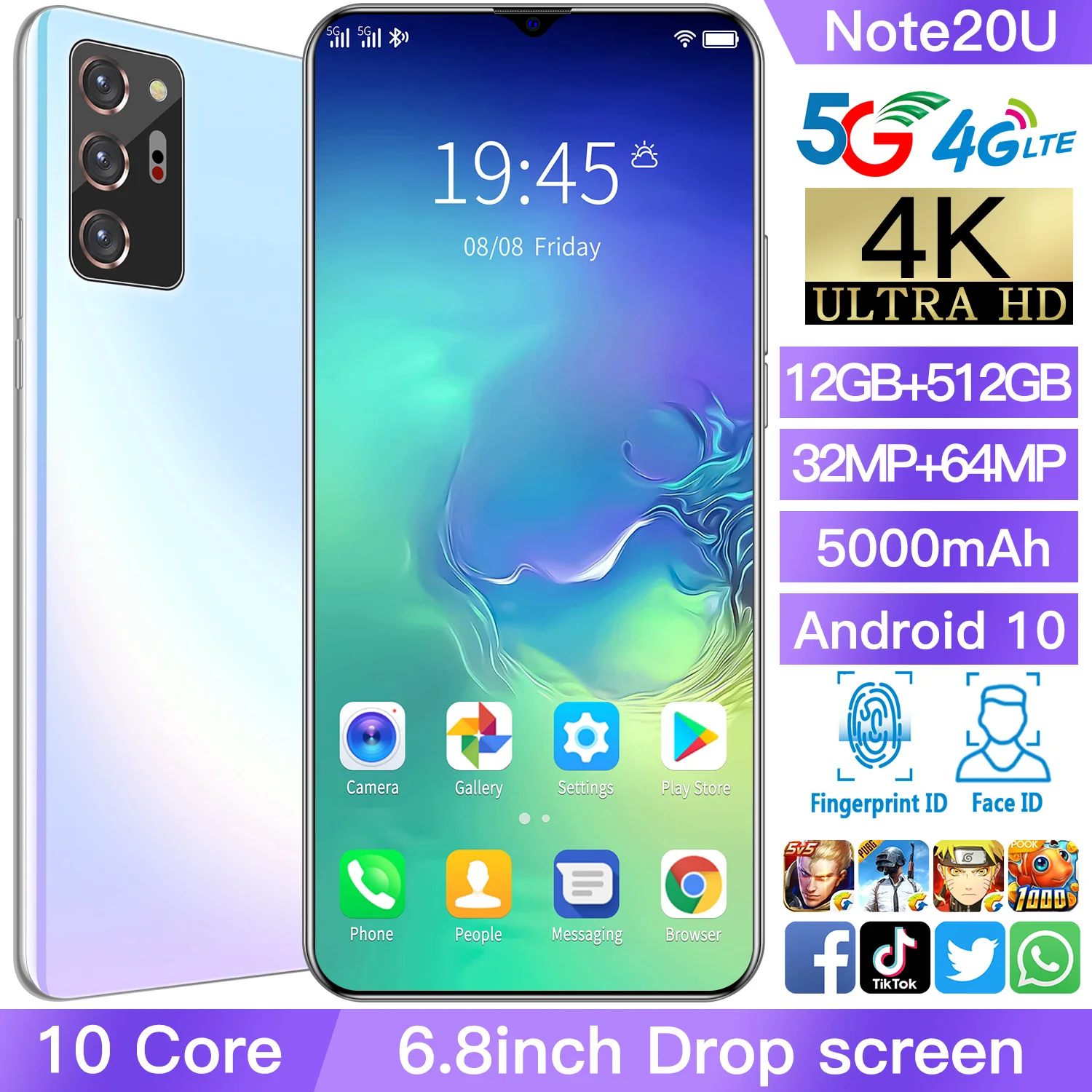 

Смартфон NOTE20U, 2021 дюйма, 12 + 6,8 ГБ, 512 мАч, 10 ядер